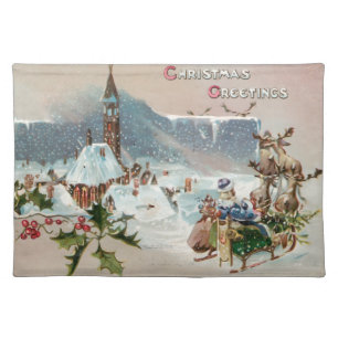 Vintage CHRISTMAS GREETINGS with Santa on Sleigh Cloth Placemat