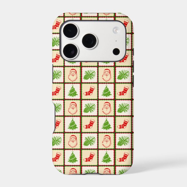 Vintage Christmas Grid Pattern Santa Phone Case (Back)