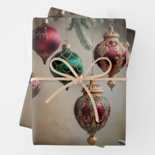 Vintage Christmas Handing Ornaments, Evergreen Wrapping Paper Sheets