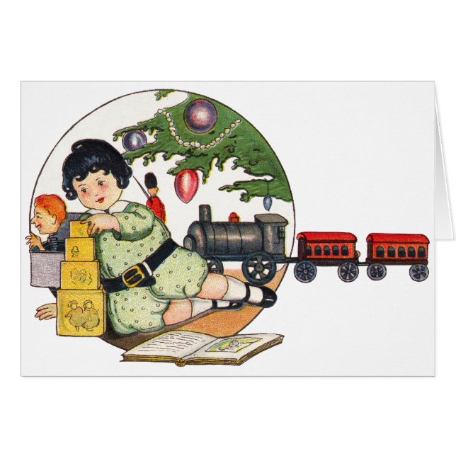Vintage Christmas, Happy Boy Playing with Toys (Front Horizontal)