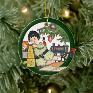 Vintage Christmas, Happy Boy Playing with Toys Ceramic Ornament