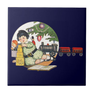 Vintage Christmas, Happy Boy Playing with Toys Ceramic Tile