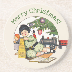Vintage Christmas, Happy Boy Playing with Toys Coaster