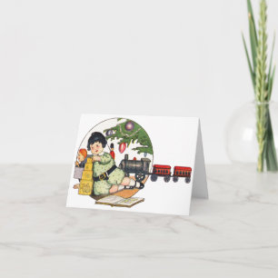 Vintage Christmas, Happy Boy Playing with Toys Holiday Card