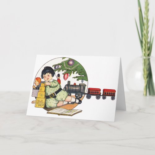 Vintage Christmas Happy Boy Playing with Toys Holiday Card