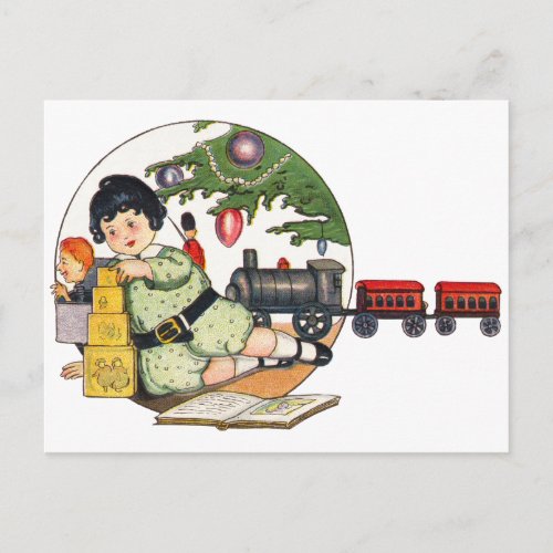 Vintage Christmas Happy Boy Playing with Toys Holiday Postcard