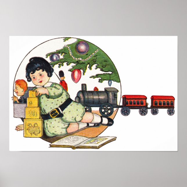 Vintage Christmas, Happy Boy Playing with Toys Poster (Front)