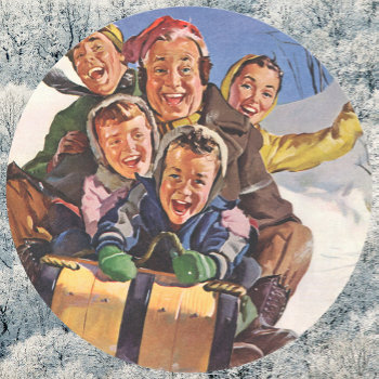 Vintage Christmas  Happy Family Toboggan Sledding Classic Round Sticker by ChristmasCafe at Zazzle