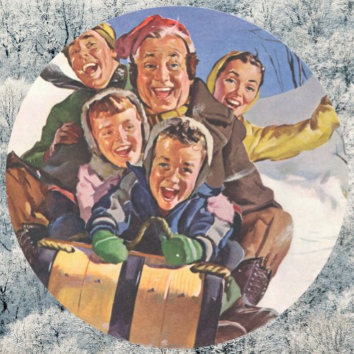 Vintage Christmas Happy Family Toboggan Sledding Classic Round Sticker