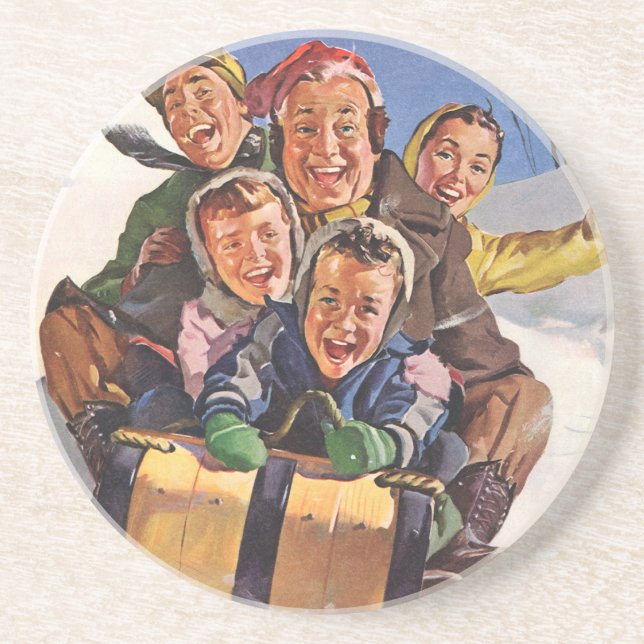 Vintage Christmas, Happy Family Toboggan Sledding Drink Coaster (Front)