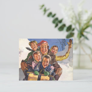 Vintage Christmas, Happy Family Toboggan Sledding Holiday Card