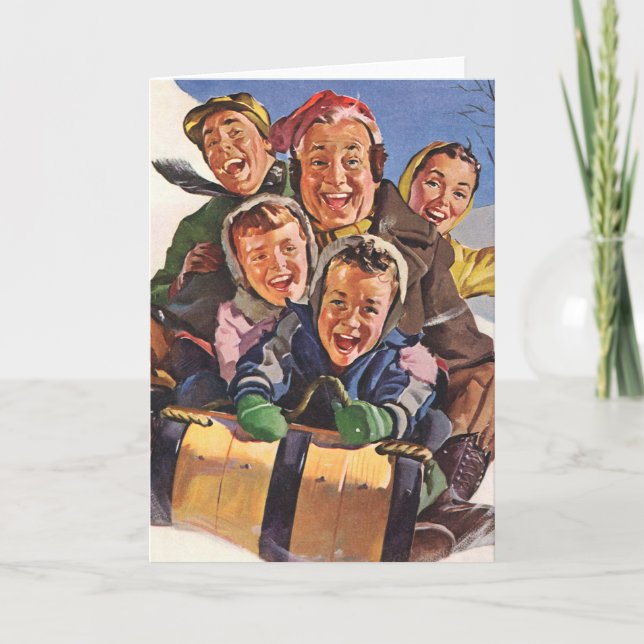 Vintage Christmas, Happy Family Toboggan Sledding Holiday Card (Front)