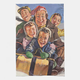 Vintage Christmas, Happy Family Toboggan Sledding Kitchen Towel