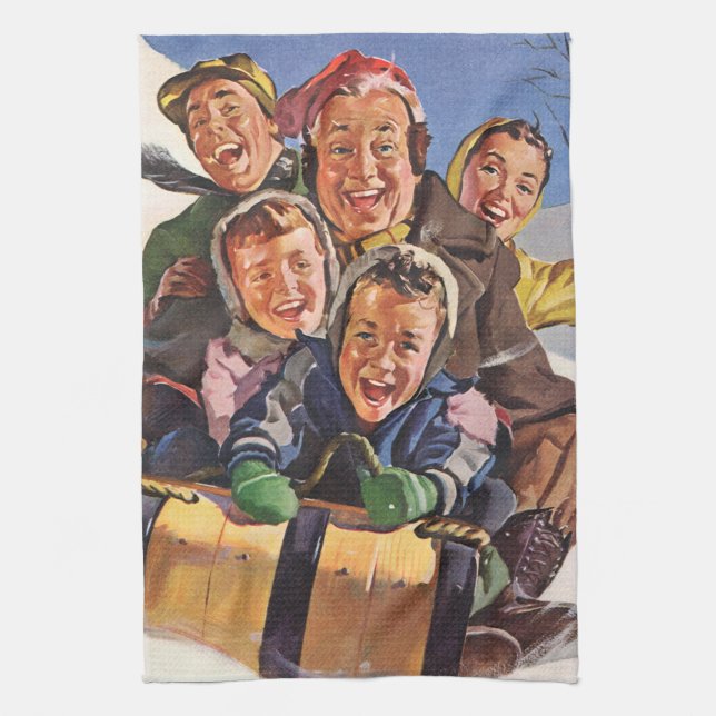 Vintage Christmas, Happy Family Toboggan Sledding Kitchen Towel (Vertical)