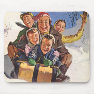Vintage Christmas, Happy Family Toboggan Sledding Mouse Pad