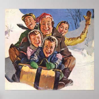 Vintage Christmas  Happy Family Toboggan Sledding Poster by ChristmasCafe at Zazzle