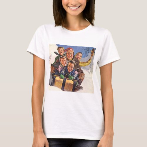 Vintage Christmas Happy Family Toboggan Sledding T_Shirt