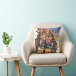 Vintage Christmas, Happy Family Toboggan Sledding Throw Pillow