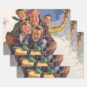 Vintage Christmas, Happy Family Toboggan Sledding Wrapping Paper Sheets