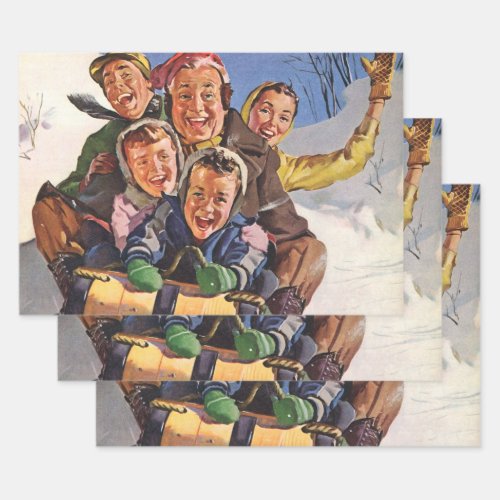 Vintage Christmas Happy Family Toboggan Sledding Wrapping Paper Sheets