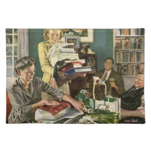 Vintage Christmas, Happy Family Wrapping Gifts Cloth Placemat