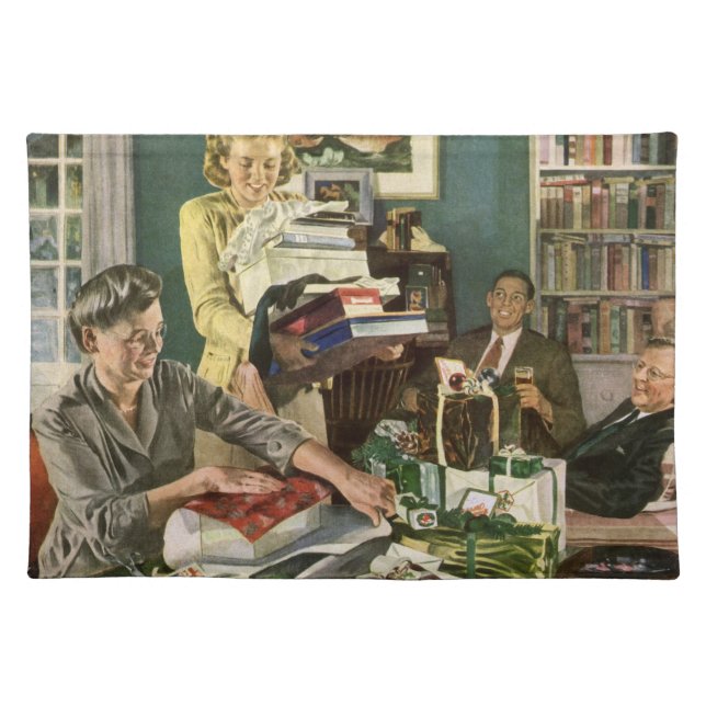 Vintage Christmas, Happy Family Wrapping Gifts Cloth Placemat (Front)