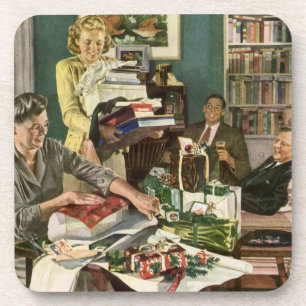 Vintage Christmas, Happy Family Wrapping Gifts Drink Coaster
