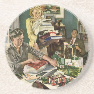 Vintage Christmas, Happy Family Wrapping Gifts Drink Coaster