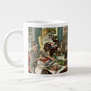 Vintage Christmas, Happy Family Wrapping Gifts Giant Coffee Mug