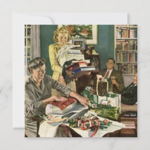 Vintage Christmas, Happy Family Wrapping Gifts Holiday Card