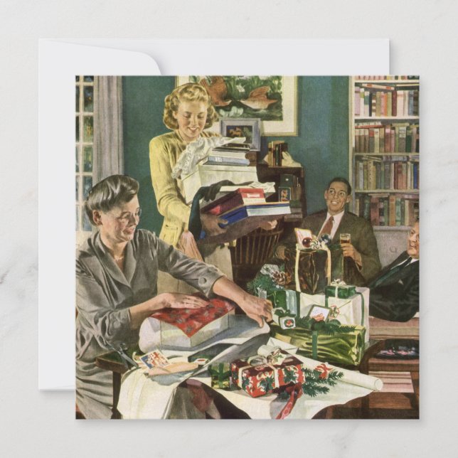 Vintage Christmas, Happy Family Wrapping Gifts Holiday Card (Front)