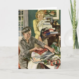 Vintage Christmas, Happy Family Wrapping Gifts Holiday Card