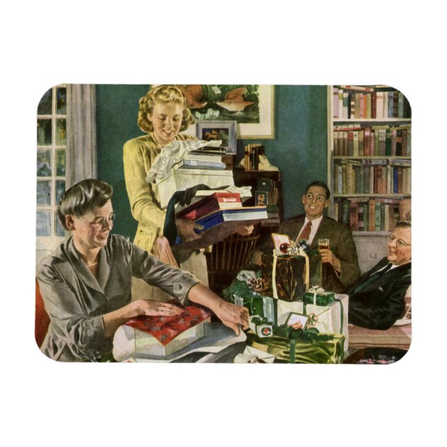 Vintage Christmas, Happy Family Wrapping Gifts Magnet (Horizontal)