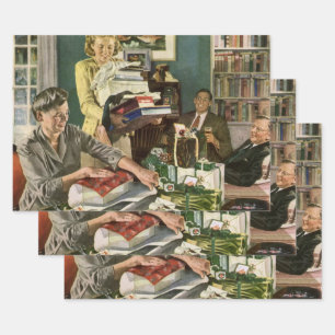 Vintage Christmas, Happy Family Wrapping Gifts Paper Sheets