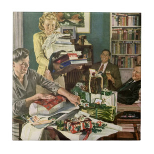Vintage Christmas, Happy Family Wrapping Gifts Tile