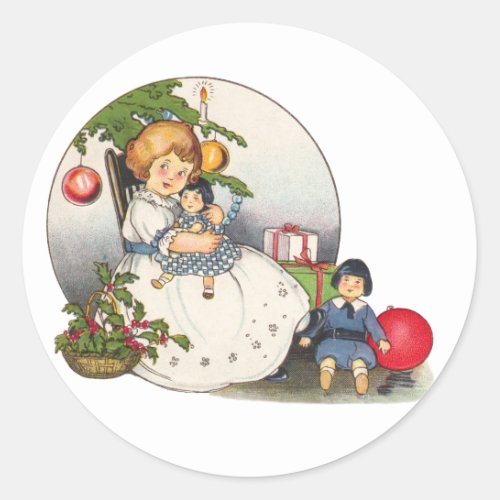 Vintage Christmas Happy Girl Playing with Dolls Classic Round Sticker