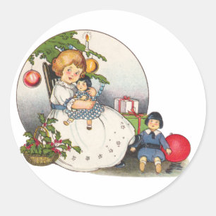 Vintage Christmas, Happy Girl Playing with Dolls Classic Round Sticker