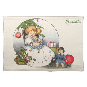 Vintage Christmas, Happy Girl Playing with Dolls Cloth Placemat