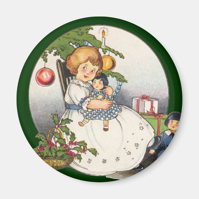 Vintage Christmas, Happy Girl Playing with Dolls Magnet (Front)