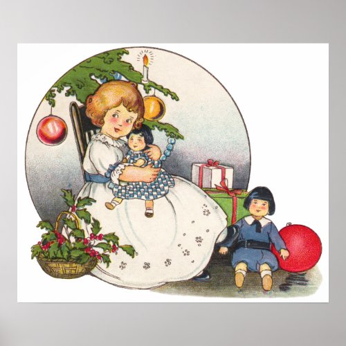 Vintage Christmas Happy Girl Playing with Dolls Poster