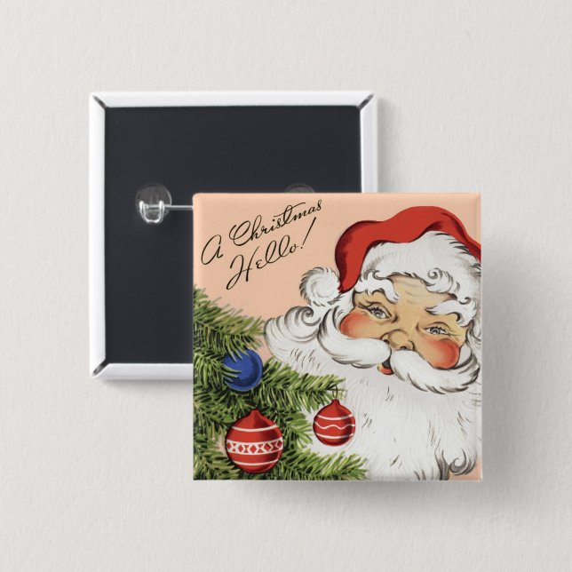 Vintage Christmas Hello! Jolly Santa Claus Pinback Button (Front & Back)