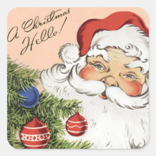 Vintage Christmas Hello! Jolly Santa Claus Square Sticker