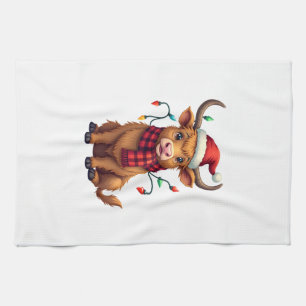 Vintage Christmas Highland Cow Cute Holiday Vector Kitchen Towel