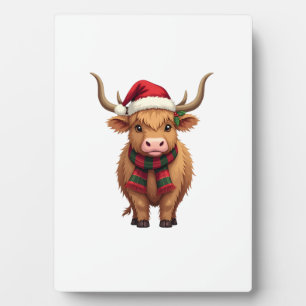 Vintage Christmas Highland Cow in Santa Hat and Pl Plaque