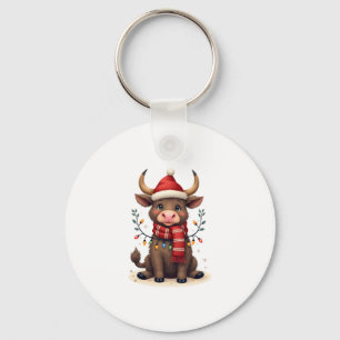 Vintage Christmas Highland Cow in Santa Hat Cute H Keychain