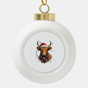 Vintage Christmas Highland Cow Santa Hat Colorful Ceramic Ball Christmas Ornament