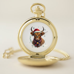 Vintage Christmas Highland Cow Santa Hat Colorful Pocket Watch