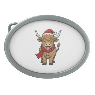 Vintage Christmas Highland Cow Santa Hat Vector_1 Belt Buckle
