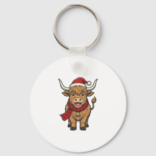 Vintage Christmas Highland Cow Santa Hat Vector_1 Keychain