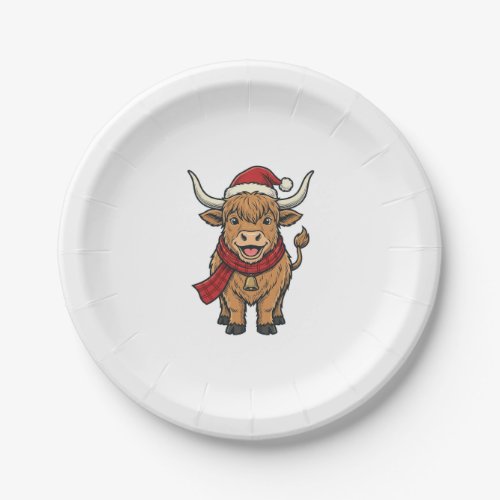 Vintage Christmas Highland Cow Santa Hat Vector_1 Paper Plates